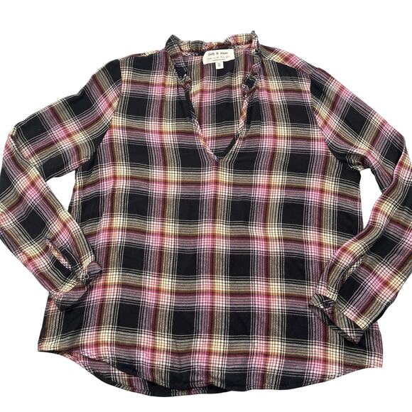 Cloth & Stone for Anthropologie Top Large Soft Flannel Plaid Ruffle Trim Charley - Picture 15 of 16